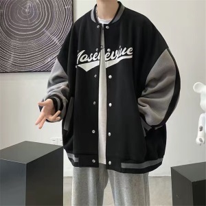 杫木棒球服外套男春秋季宽松百搭夹克男青少年港风潮流帅气休闲一套衣服男士男装运动三件套 T104蓝夹+E00白t+K20灰裤 56 XL  105斤-140斤